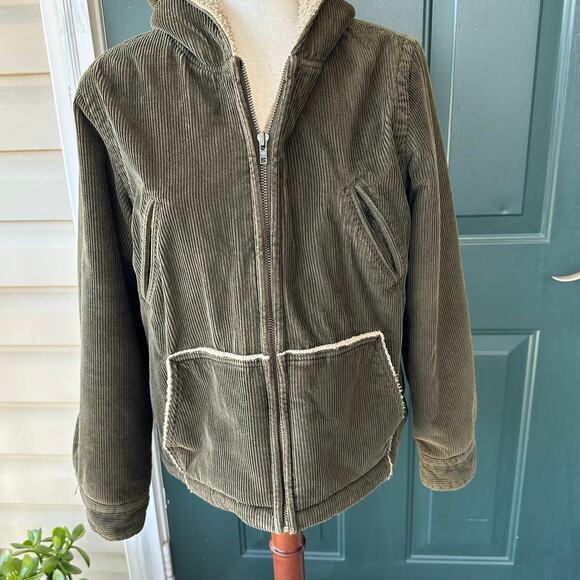 Vintage J. Crew Heavy Corduroy Sherpa Barn Jacket Sz M Olive Convertible Hood - Picture 8 of 9